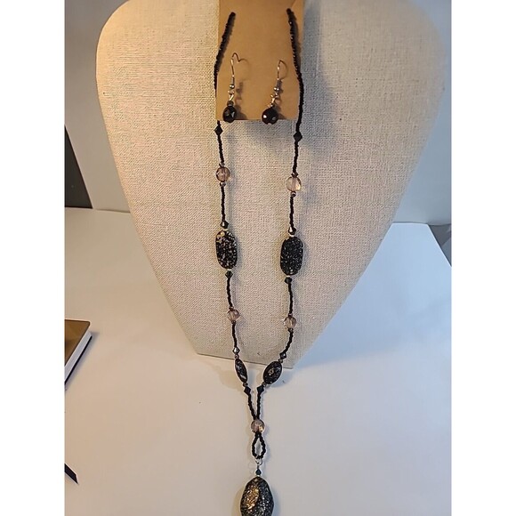 Vintage Matching  14" Necklace And Earring Set Gold Black Beaded - Picture 1 of 7